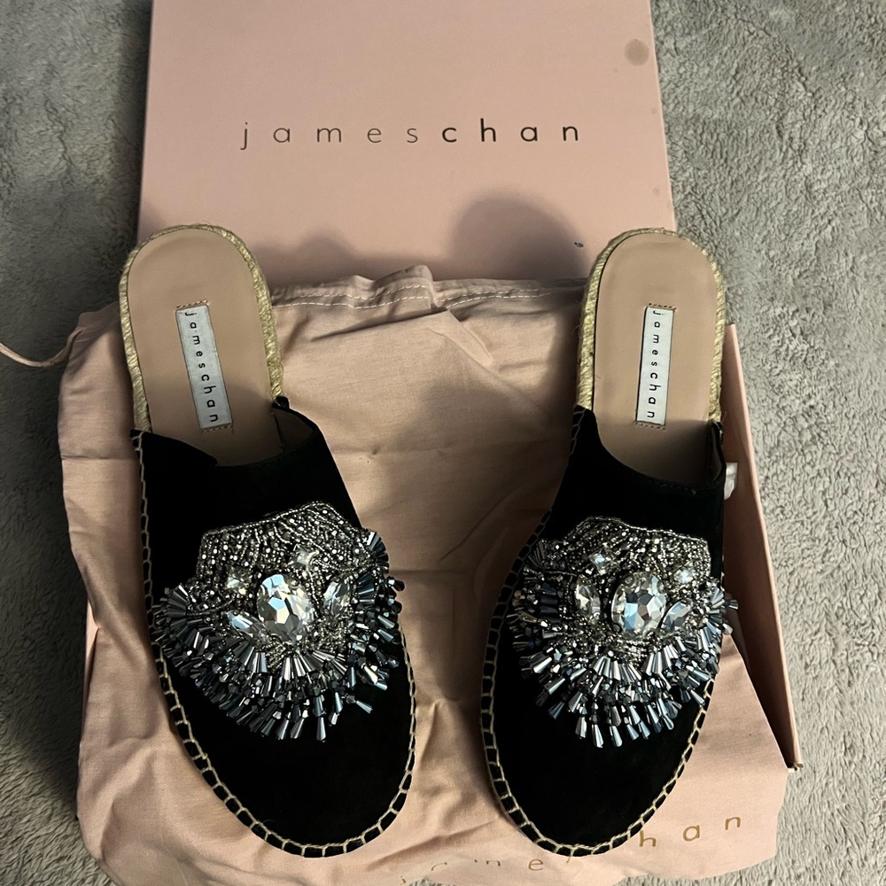 James Chan NIB Izalea black suede mules with rhinestones size 9